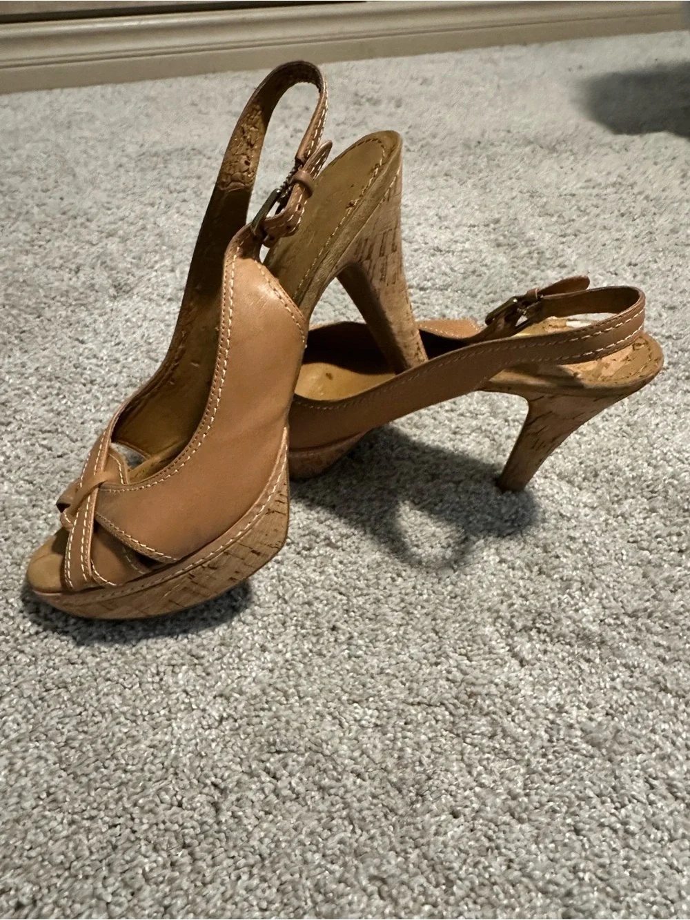 Women's Nine West Tan Cork Platform Peep Toe Slingback Heels Size 9